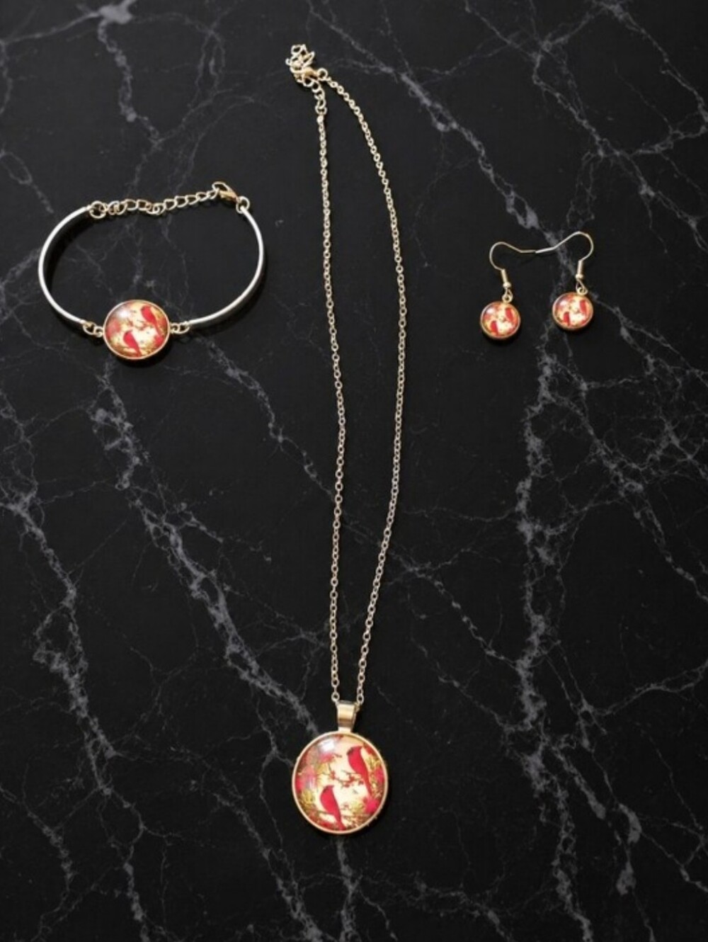 Red Cardinal Bird Necklace Bracelet Earrings Set 20"